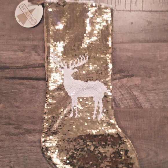 34th  & Pine Sequin Gold White Reindeer Stocking - Picture 1 of 4